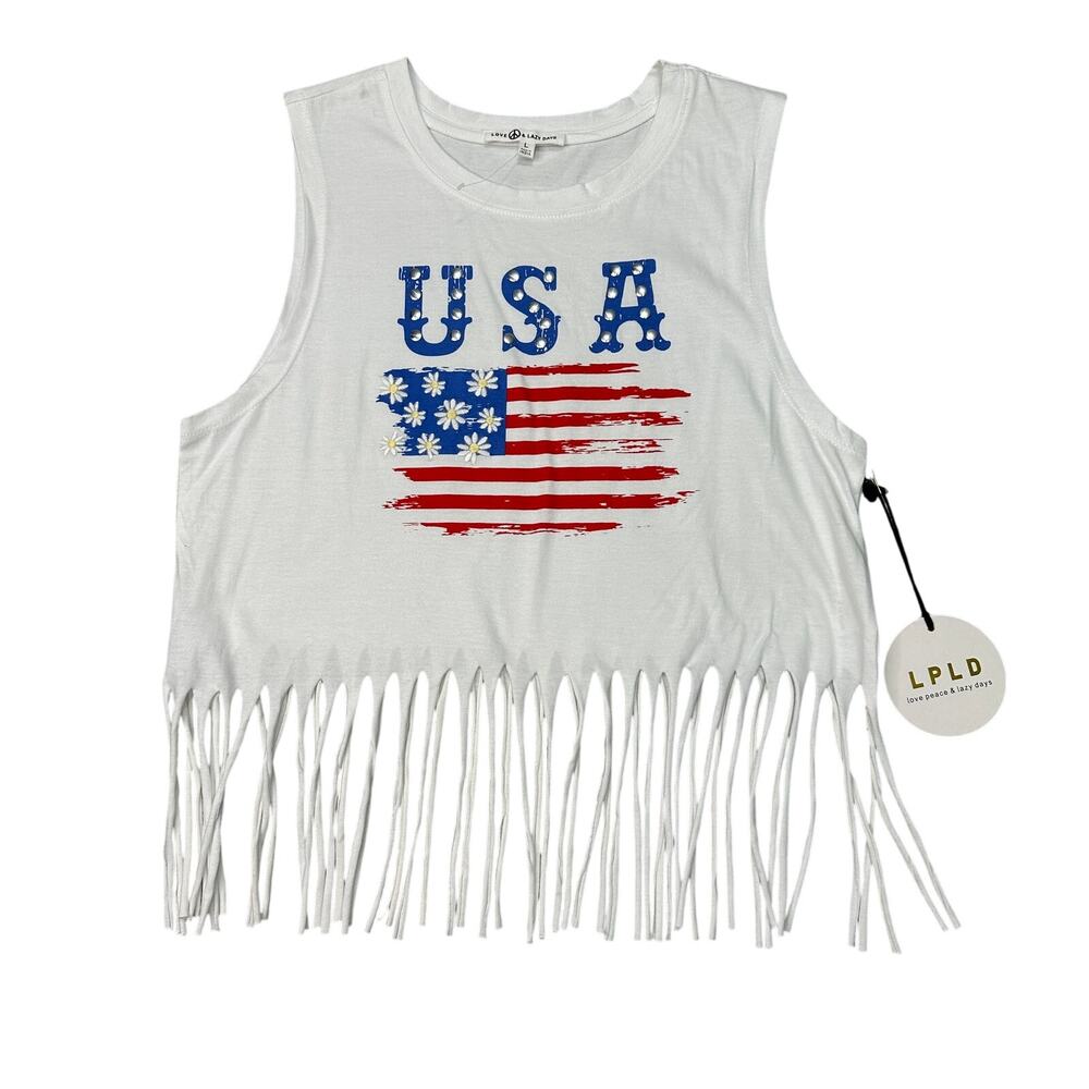 Love Peace Lazy Days USA Flag Tank Top L White Fringe Crewneck Cotton Pullover